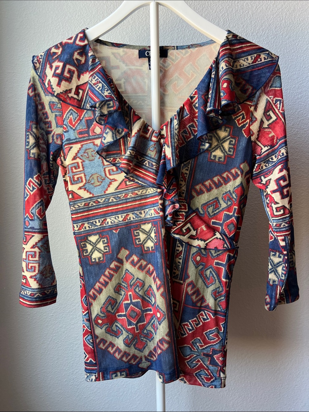 Chaps Denim Red & Navy Western Ruffle-Front Blouse 3/4 Sleeves